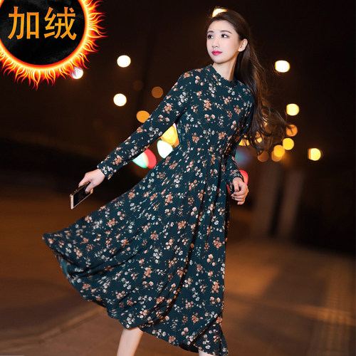 加绒保暖温柔显白复古印花连衣裙