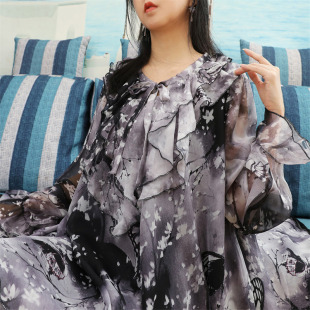 新款 宽松型雪纺上衣大码 新中式 仙气胖mm长袖 遮肚子遮臀 雪纺衫 秋季