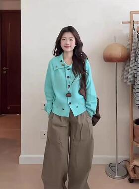 蓝色小香风毛衣外套女25秋新款高级感慵懒宽松韩系短款针织开衫冬