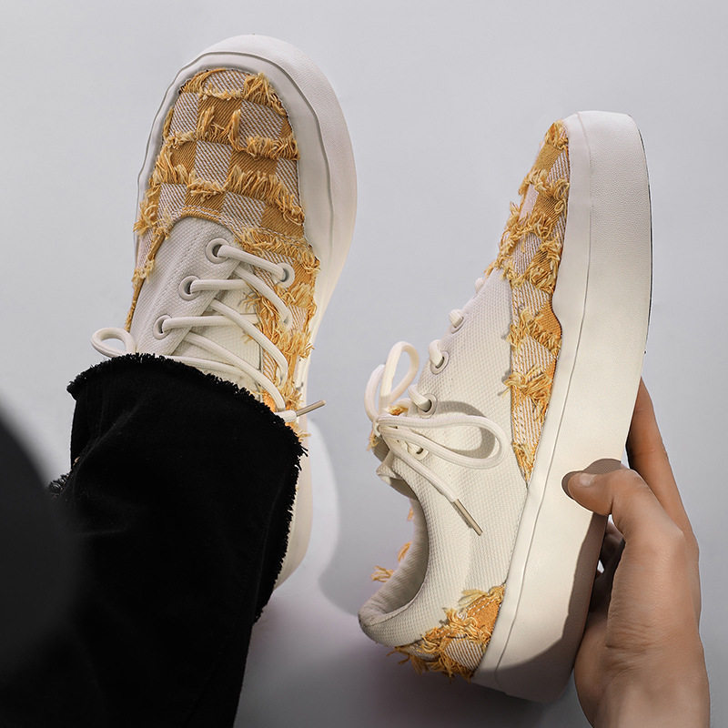 果子同款2026新款小香风手工毛边小碎花经典帆布鞋情侣滑板鞋男鞋