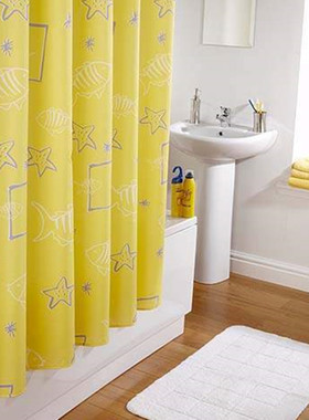 外贸防霉防水黄色浴帘涤纶布浴室隔断布帘宽180*加高220带铅坠