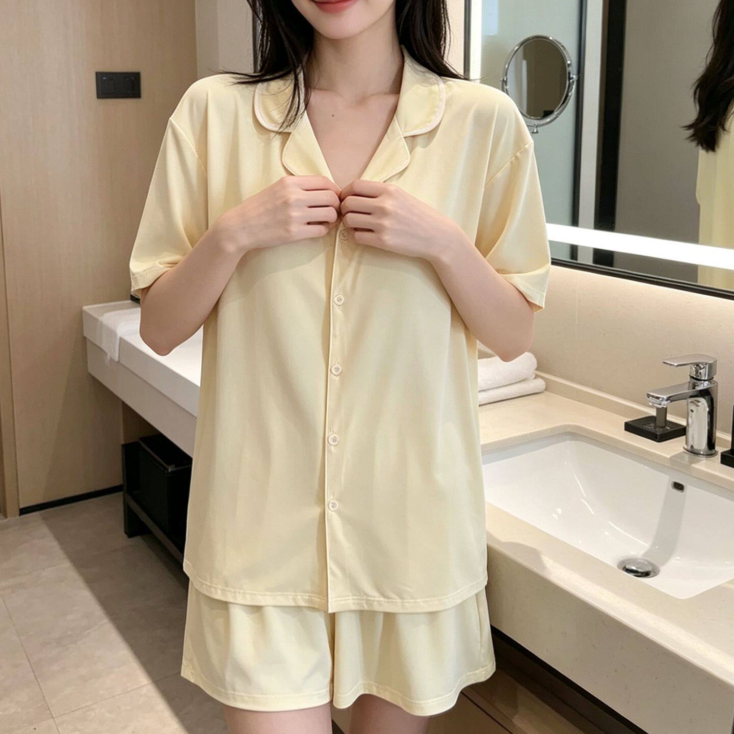 夏季女款睡衣带胸垫凉感短袖套装