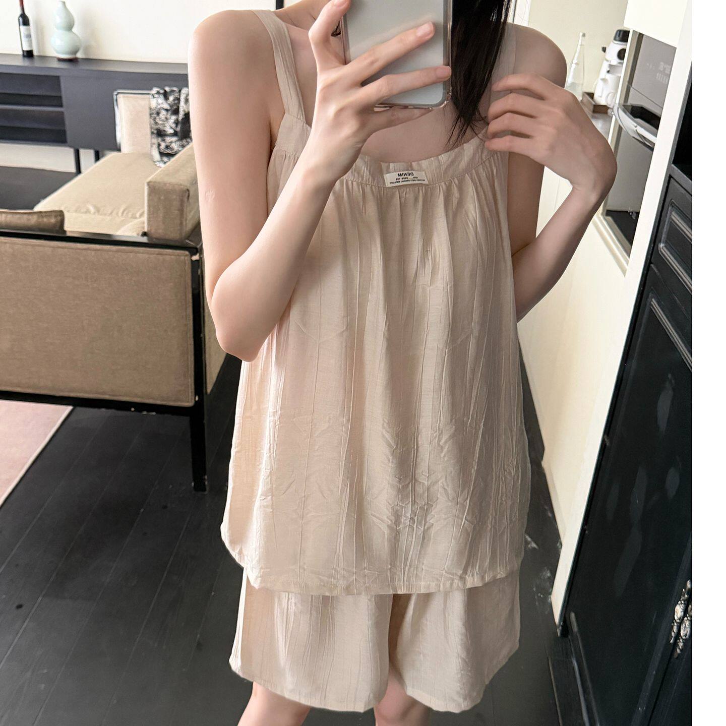 带胸垫棉麻女款睡衣吊带短裤套装