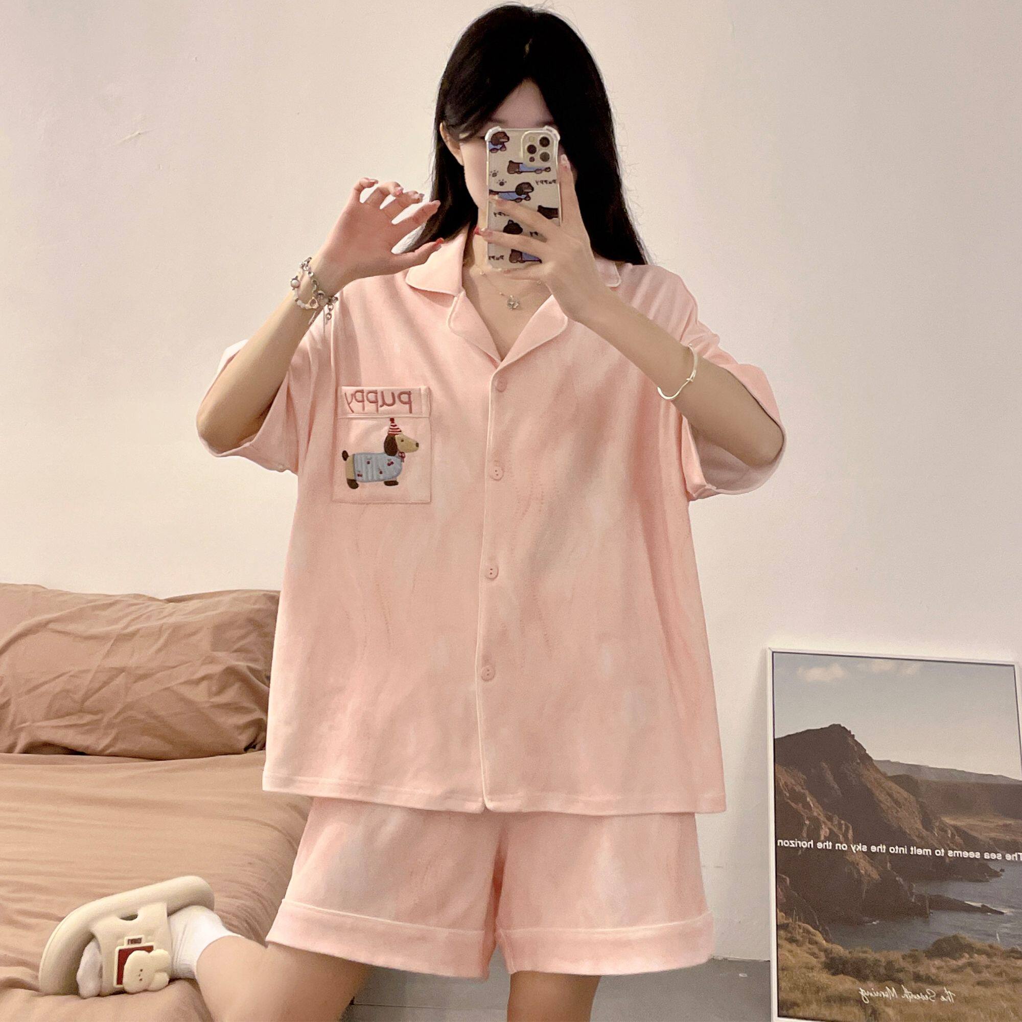 纯棉开衫女款睡衣宽松显瘦夏季短袖短裤套装少女可爱家居服可外出