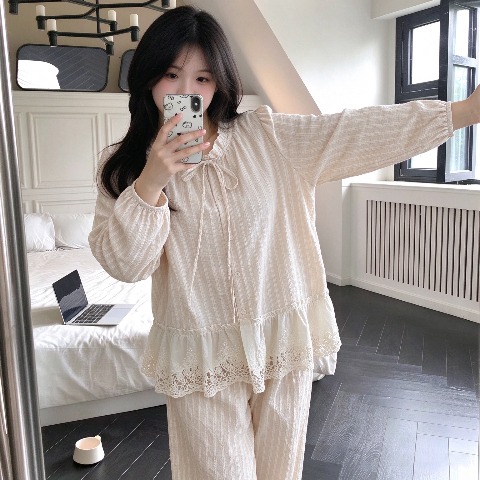带胸垫睡衣女秋冬纯棉家居服套装