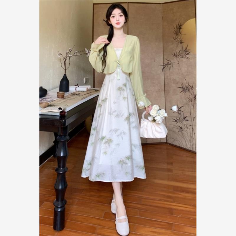2025春夏穿搭一整套新中式国风吊带连衣裙女大码薄款雪纺开衫套装