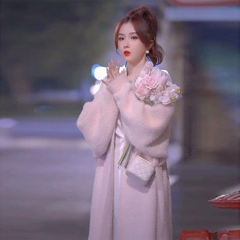 粉色水貂绒大衣软糯长款