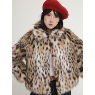 ohmyloli 渐变染色豹纹翻领法式复古拼皮里衬按扣人造皮草外套