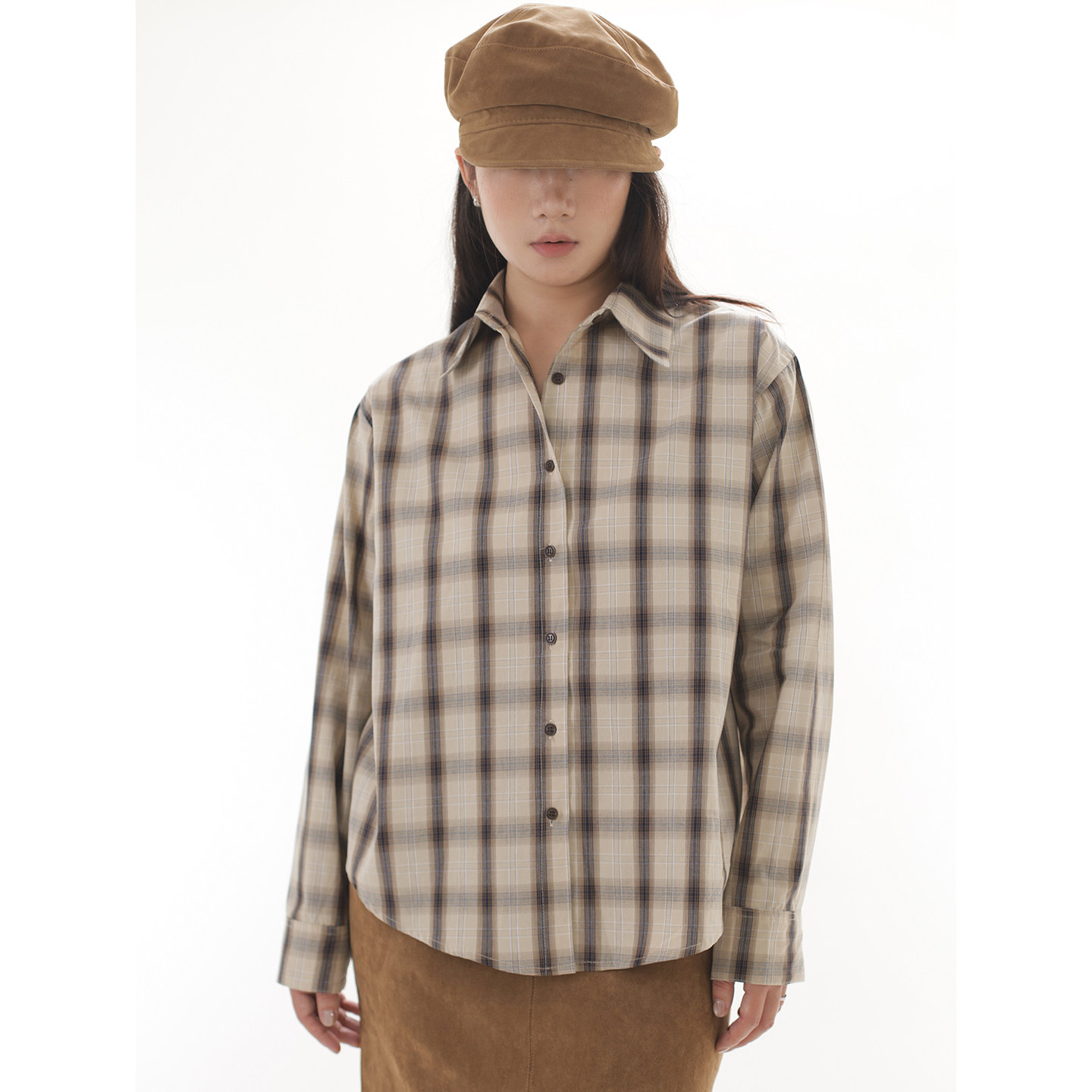 ohmyloli 文艺复古棕咖色织学院感格纹百搭直筒长袖衬衫