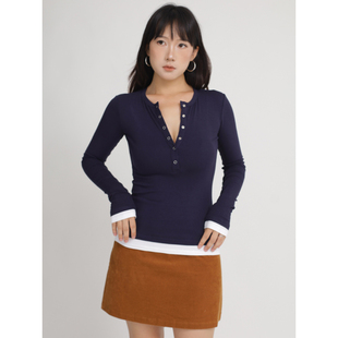 ohmyloli 2色入亲肤亨利领美式复古正肩收腰高弹假两件长袖T恤