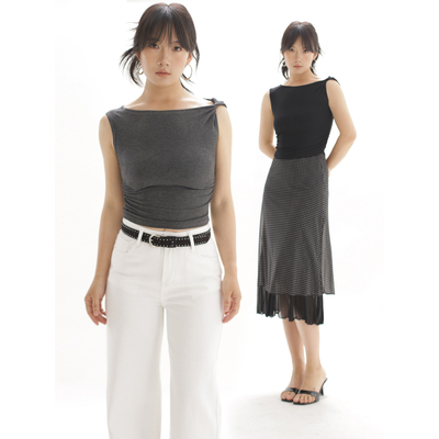 ohmyloli 灰色黑色高弹侧边褶皱收腰不对称纽结一字领基础T恤