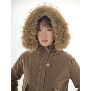 ohmyloli 复古连帽夹克棉服 可拆卸大毛领麂皮绒夹棉美式