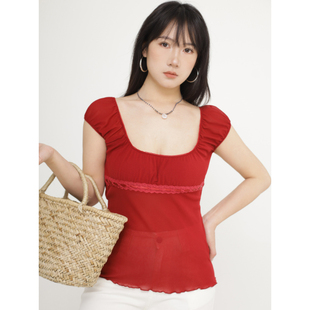 红色弹力网纱褶皱方领系带收腰显肤白复古小衫 ohmyloli 法式