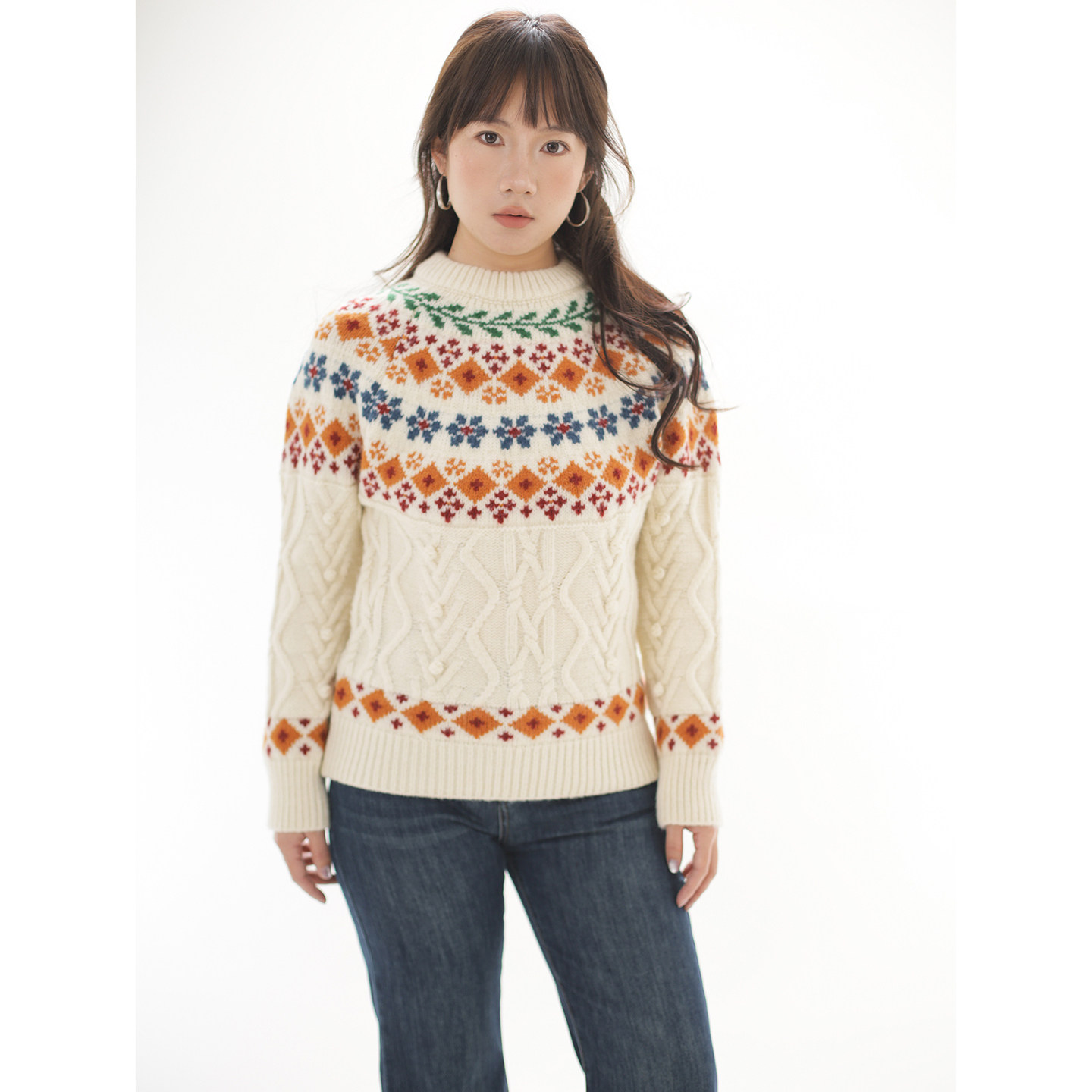 12/22 20:00ohmyloli北欧复古费尔岛立体毛球麻花拼接插肩袖毛衣