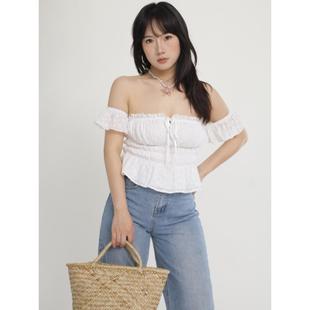 ohmyloli 白色刺绣松紧打揽两穿显身材法式复古短袖小衫