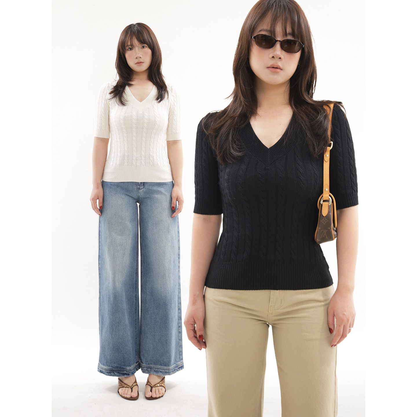 03/23 20点ohmyloli黑色白色90s简约小麻花亲肤五分袖针织衫