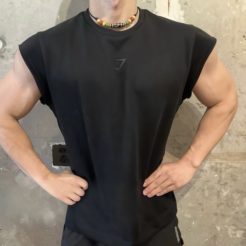 GYMSHARK Natural Cut off男运动健身休闲宽松刺绣标飞机袖背心J7