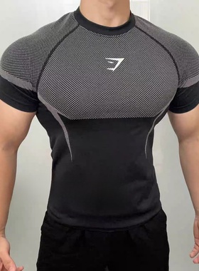 英国GYMSHARK鲨鱼Onyx5运动健身上衣男士夏季速干透气弹力短袖t恤