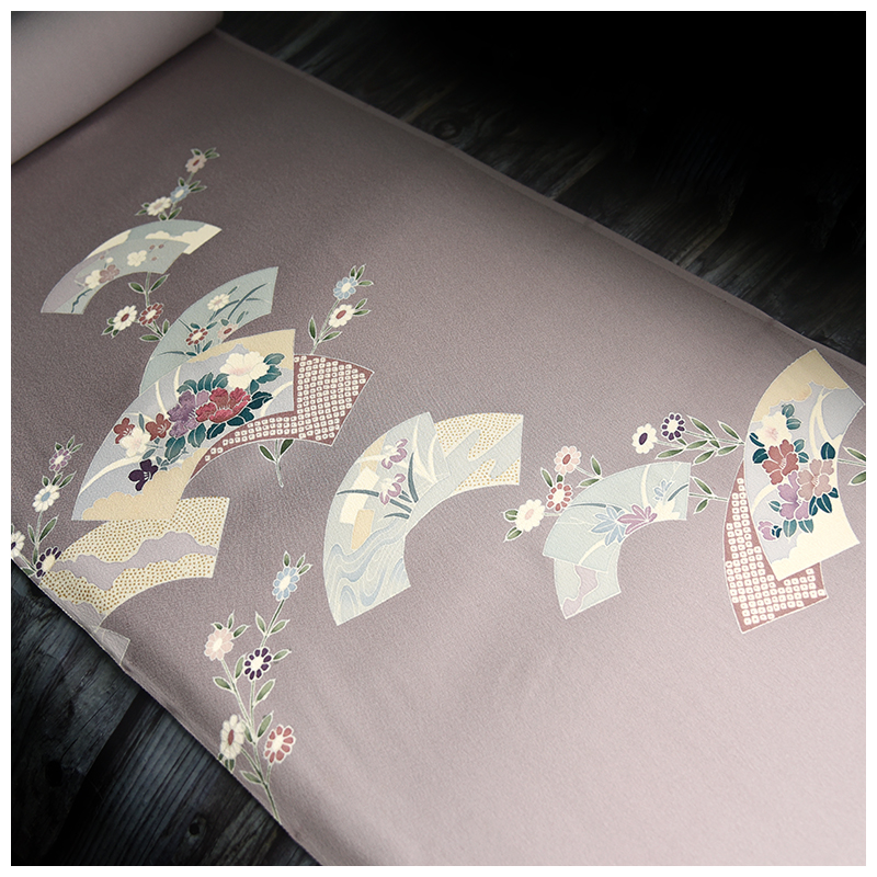 中古正绢真丝灰紫扇面花柄面料