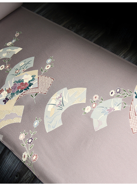 特进口中古正绢真丝灰紫扇面花柄付下反物整卷布料汉服旗袍面料