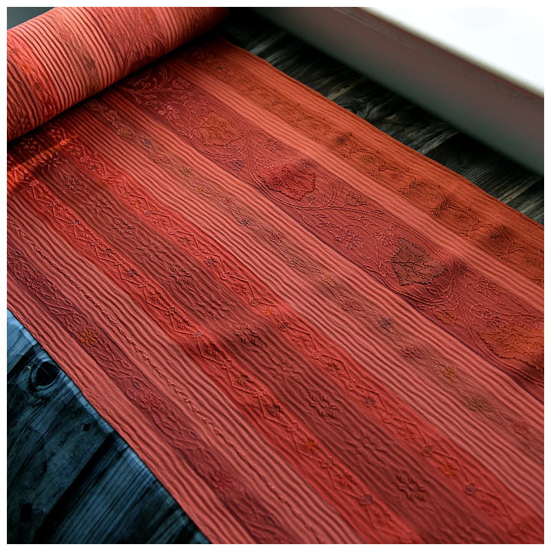 正绢真丝橘红竖条纹提花小纹羽尺