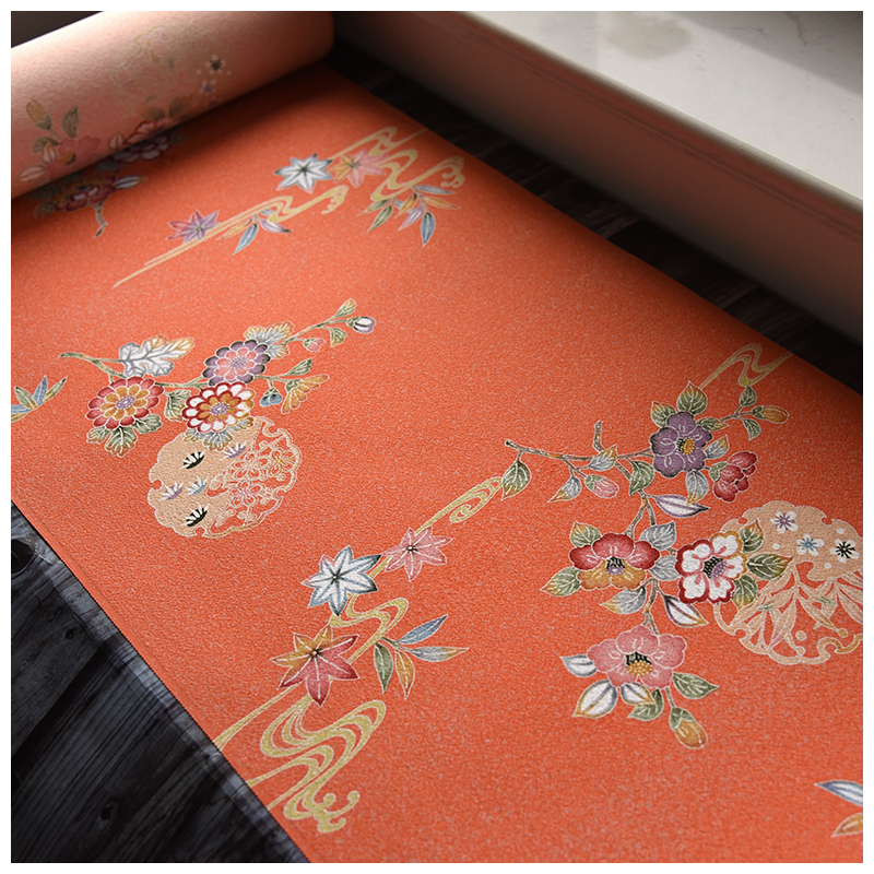 正绢真丝橘雪轮花柄小纹反物布料