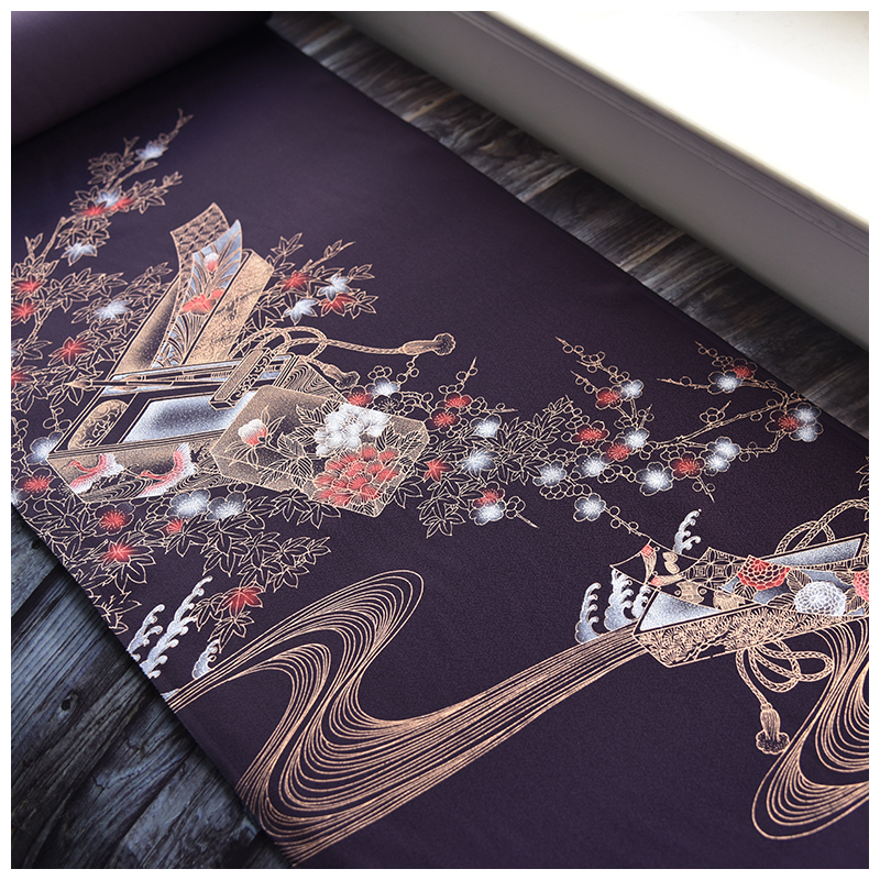 日本进口正绢深紫描金付下反物布