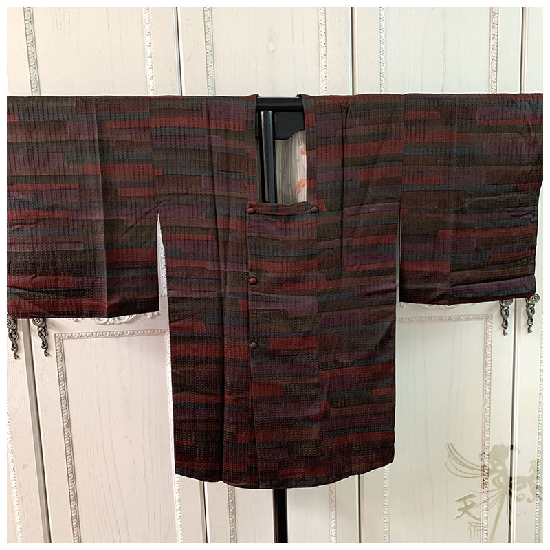 进口中古正绢暗彩条纹羽织道行和服外套旗袍布料手工口金面料