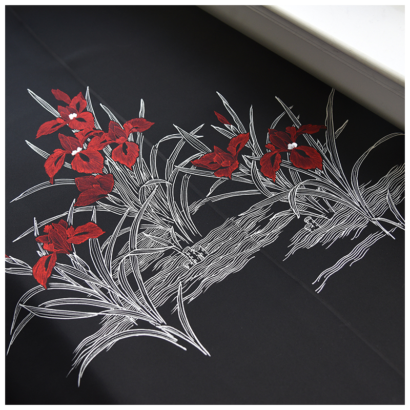 特日本进口中古正绢黑鸢尾鸳鸯风景羽尺付下反物整卷布料服装旗袍