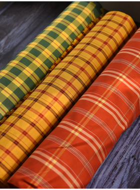 特进口中古正绢真丝红绿黄格子大岛双面小纹反物口金荷包零料旗袍