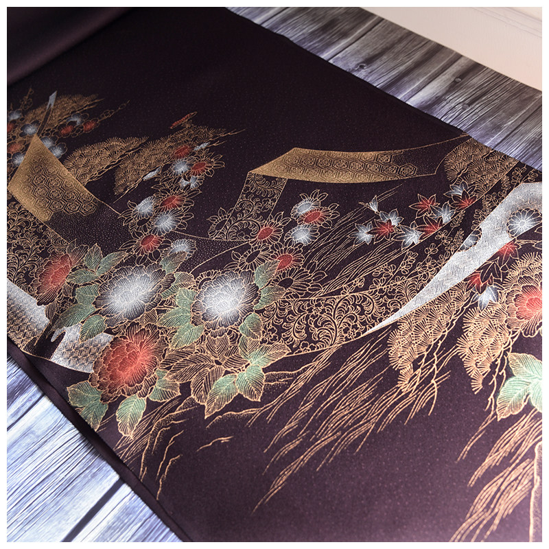 中古正绢真丝深紫牡丹描金付下和服反解布料口金荷包零料旗袍面料