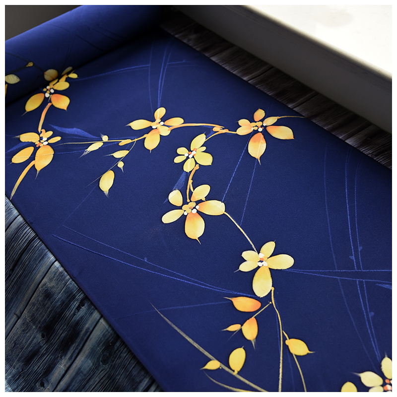 正绢真丝藏蓝手绘小纹旗袍布料