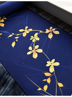 中古正绢真丝藏蓝手绘黄花小纹反物布料荷包口金零料汉服旗袍面料