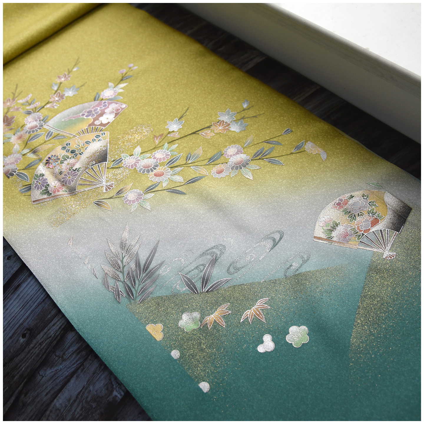 进口中古正绢真丝黄绿扇面花枝金彩螺钿付下反解口金旗袍汉服零料