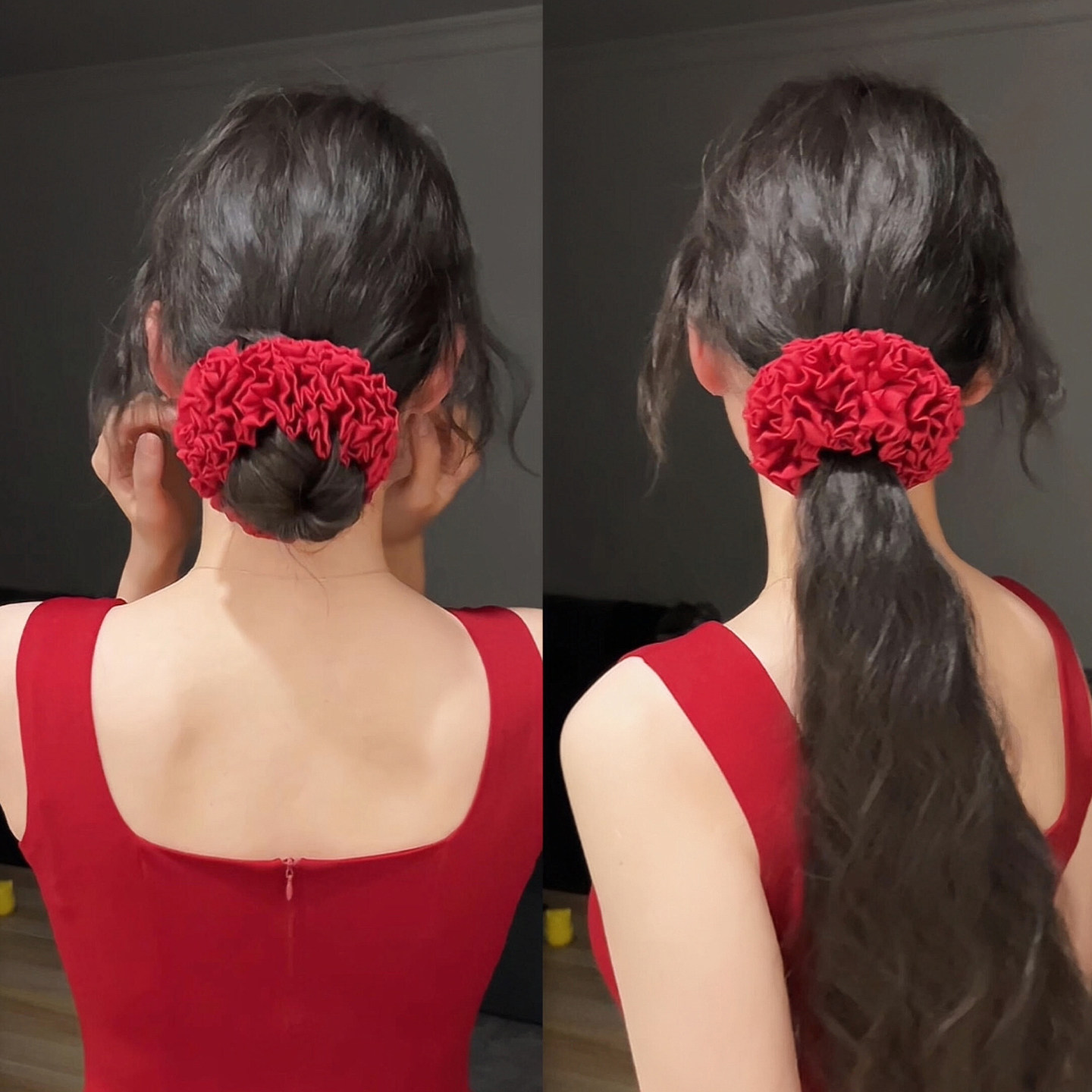 红色花球发圈女法式高级感缎面大肠圈扎丸子褶皱头绳2026新款发饰