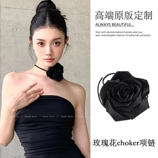 chocker黑色玫瑰花锁骨链颈链项链女高级感花朵脖子颈带颈花配饰