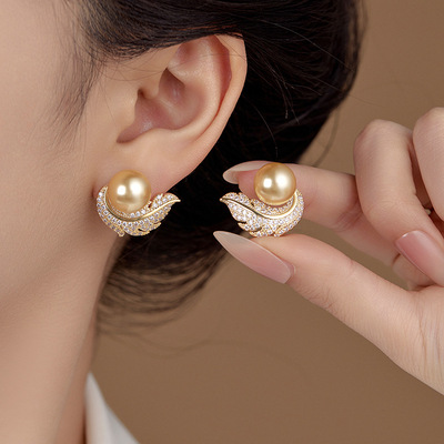 耳语象限满钻锆石羽毛珍珠耳钉轻奢高级感气质耳饰时尚耳环女