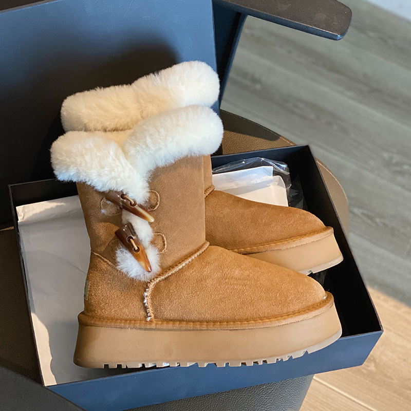 真皮厚底雪地靴女款冬季网红加绒加厚增高轻便牛角扣皮毛一体棉鞋
