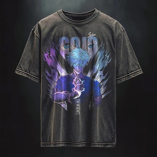 新款 T恤 潮牌日系动漫水洗做旧宽松vintage街头复古纯棉宽松短袖