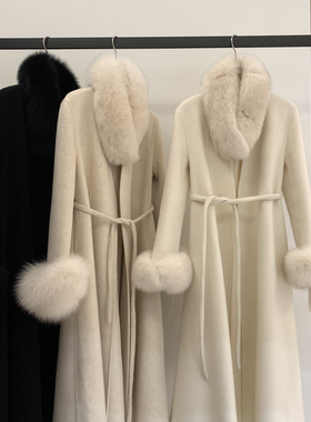 冬上新法式复古质感羊毛外套(配可卸蓝狐真毛毛领)（含100%羊毛）