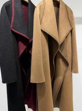 冬上新赫本风收腰长款羊毛外套(配腰绳)（含100%羊毛）