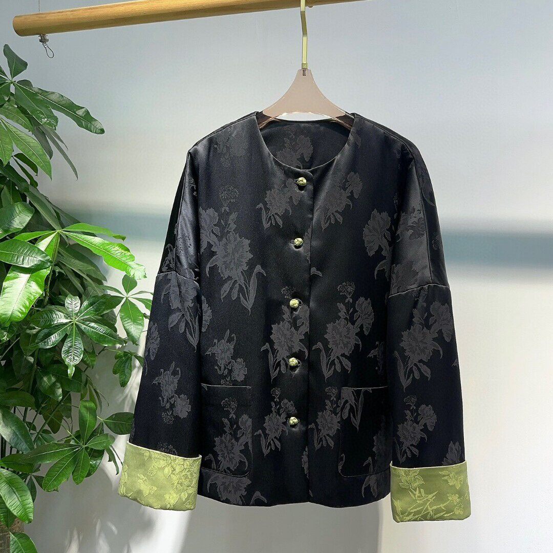 秋上新大气极简新中式棉衣醋酸提花面料丝滑软糯亲肤短外套