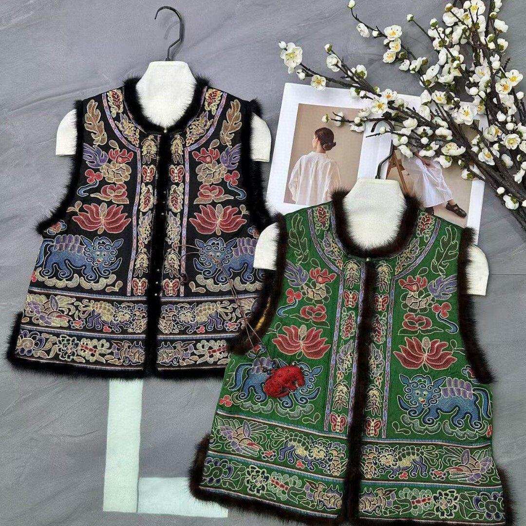 冬上新！新中式国风圆领水貂毛边重工刺绣加棉马甲