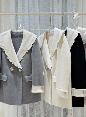 冬上新通勤百搭拼色翻领双排扣羊毛外套（含90澳毛）