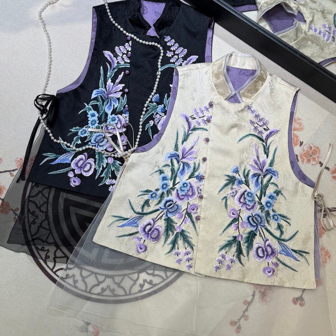 26年早春！重工刺绣拼接欧根纱立领中长款马甲