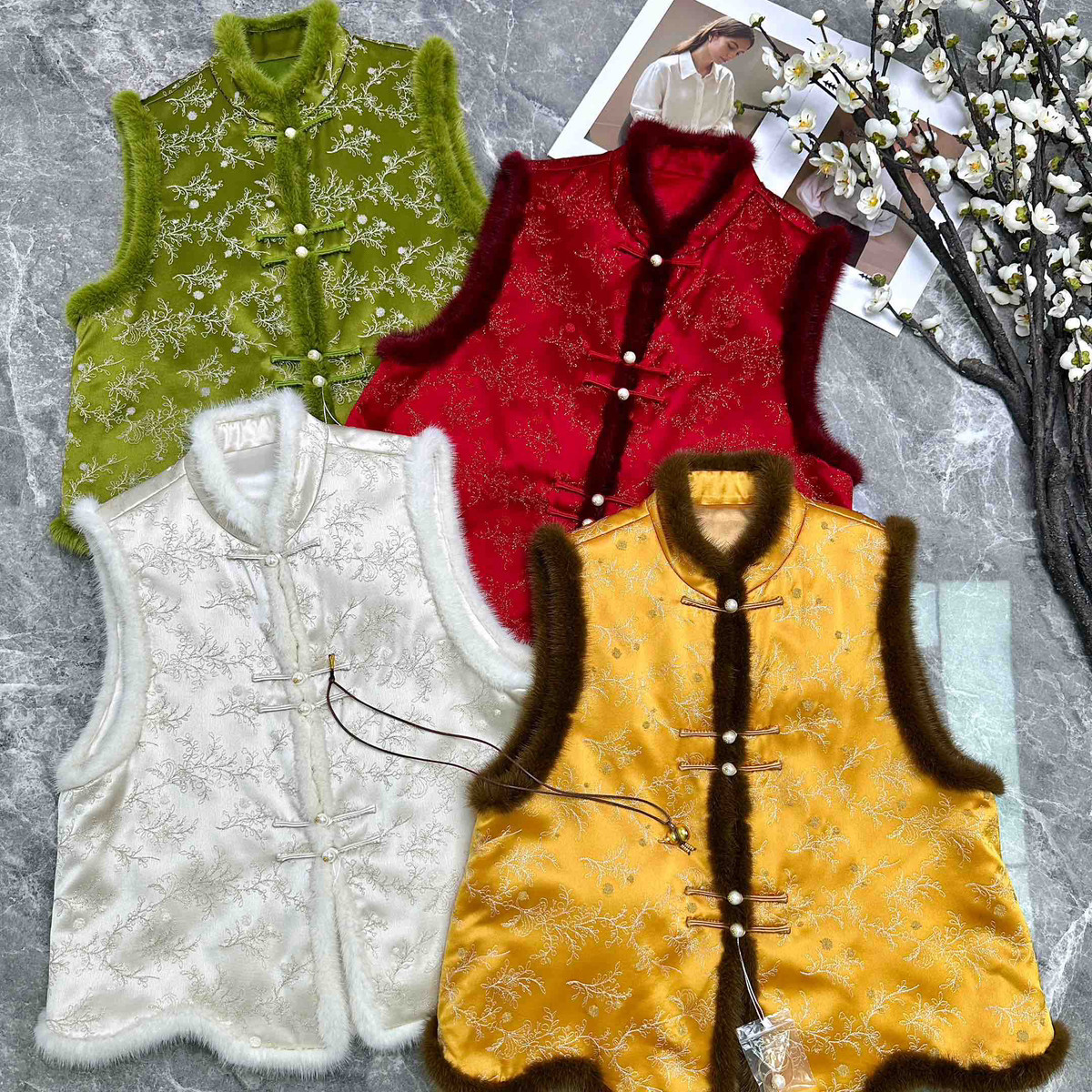 冬上新进口醋酸绣花拼接水貂毛夹棉马甲