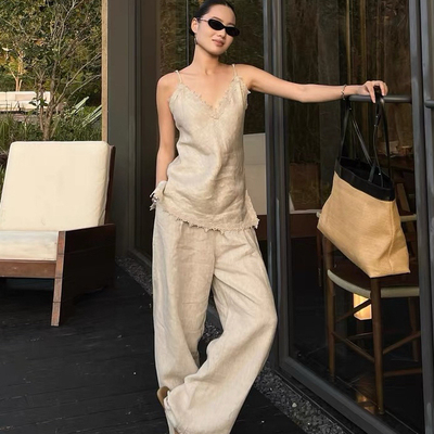 夏上新！水溶花拼接上衣+高腰阔腿裤套装