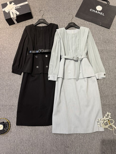 配腰带 夏上新 设计假两件拼接系腰带连衣裙 简约透视袖 时尚