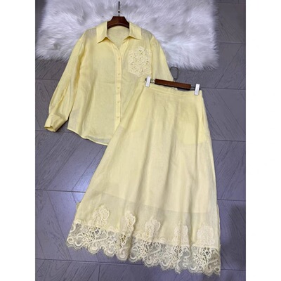 夏上新！亚麻镂空花边口袋亚麻衬衫 +舒适垂感半裙两件套套装