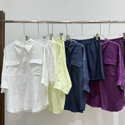 夏上新！气质工装口袋酵素洗水亚麻宽松衬衫+休闲短裤套装